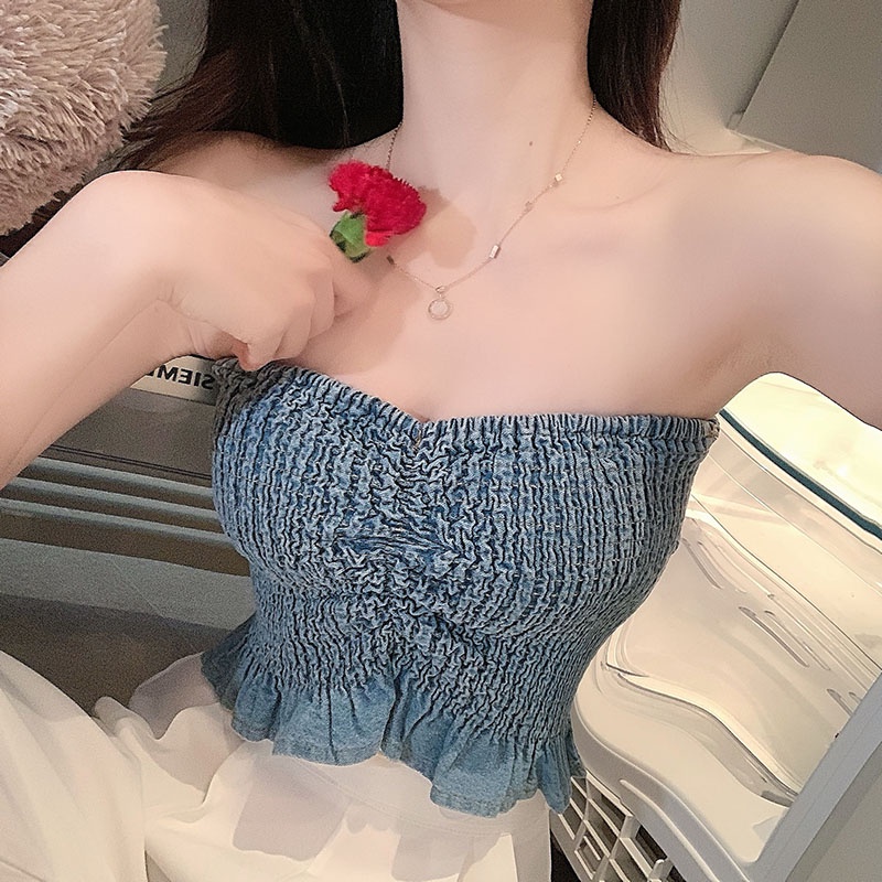 Áo Denim Trễ Vai Dáng Ôm Phong Cách Hàn Quốc Thời Trang Mùa Hè Cho Nữ