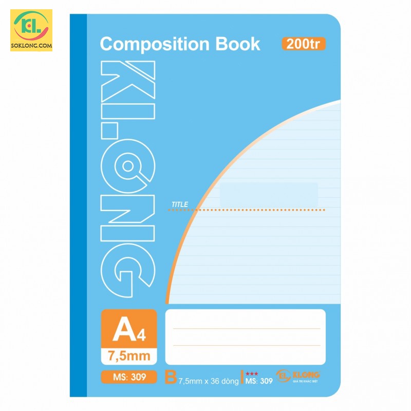 Vở may dán gáy Compostion Book A4 200 trang kẻ ngang, sổ Klong MS 309 [Chọn Màu]