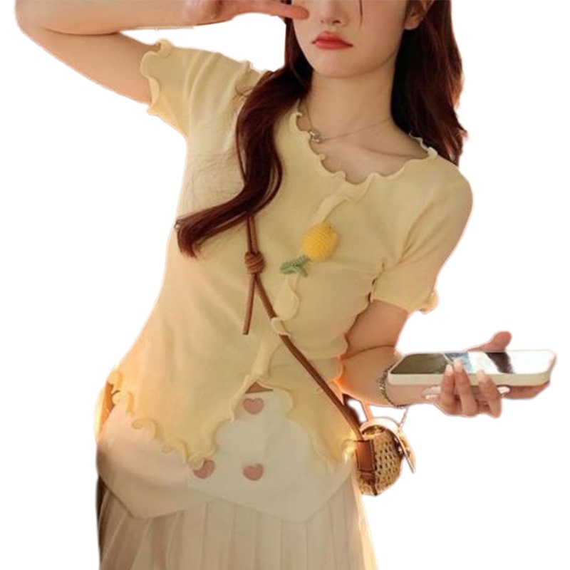 Áo Crop Top Nữ Tay Ngắn In Hoa 3D Thời Trang