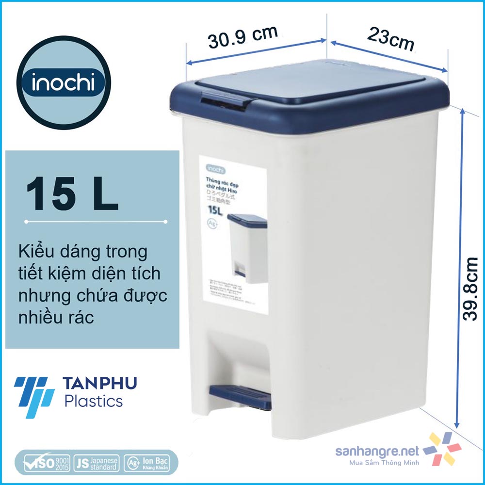 Thùng rác đạp chân chữ nhật Inochi Hiro 15L xuất Nhật - Kháng khuẩn, khử mùi (giao màu ngẫu nhiên)