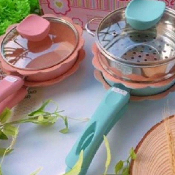 BỘ NỒI CHẢO ĐÁ KÈM XỬNG HẤP NẤU ĐỒ ĂN DẶM CHO BÉBỘ NỒI CHẢO QUẤY HÌNH HOA CAO CẤP MEN ĐÁ CHỐNG DÍNH