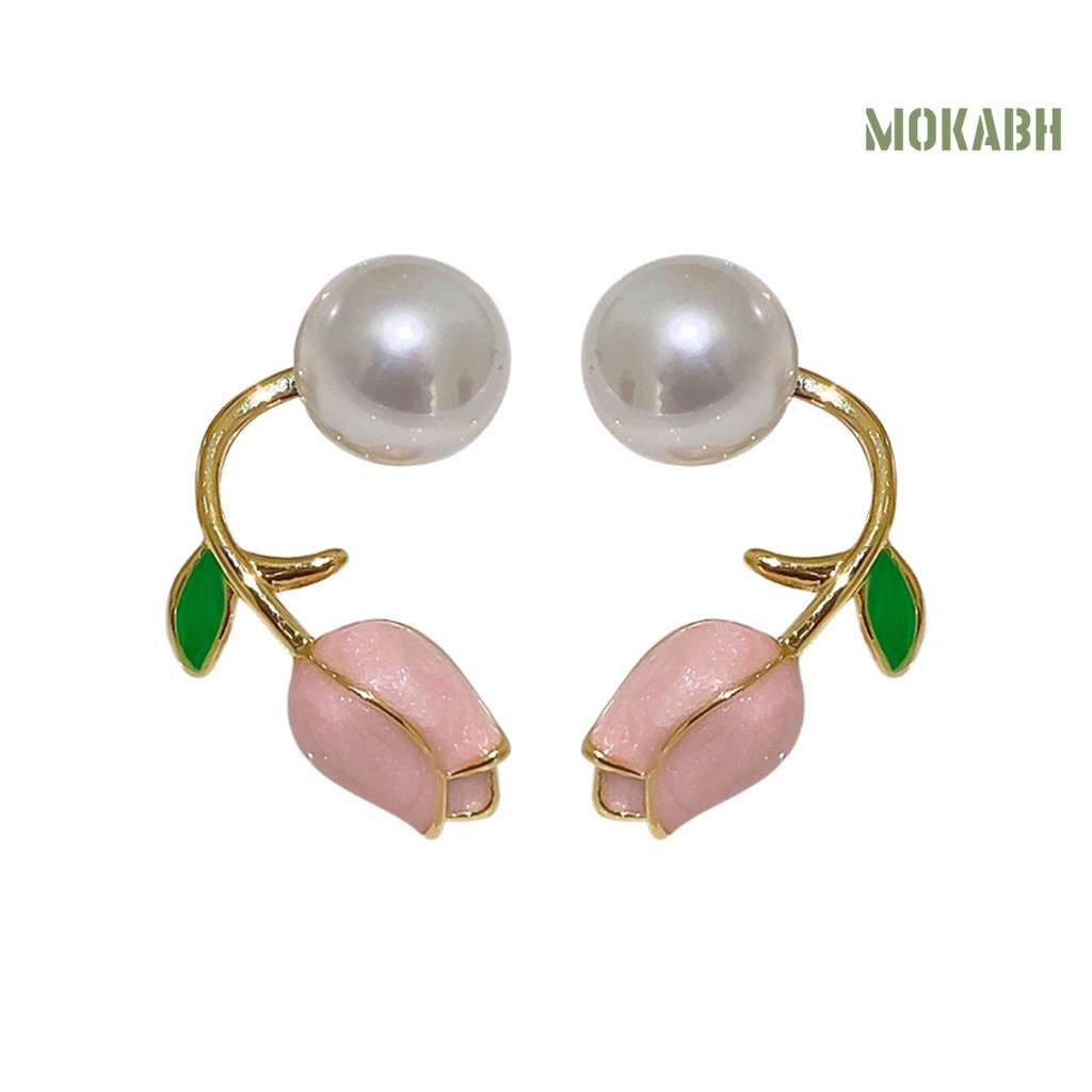 1 Đôi Bông Tai Hình Hoa Tulip Đính Ngọc Trai Giả Bằng Thép Không Gỉ Màu Tương Phản Thời Trang