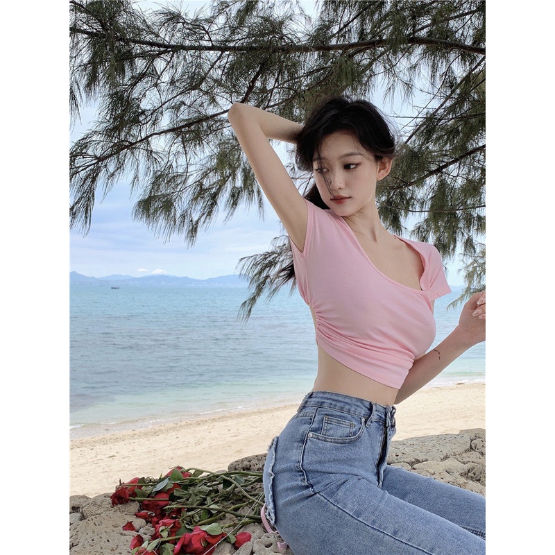 Áo Thun Ngắn Tay Cổ Vuông Hở Lưng Phong Cách Hàn Quốc Gợi Cảm Dành Cho Nữ
