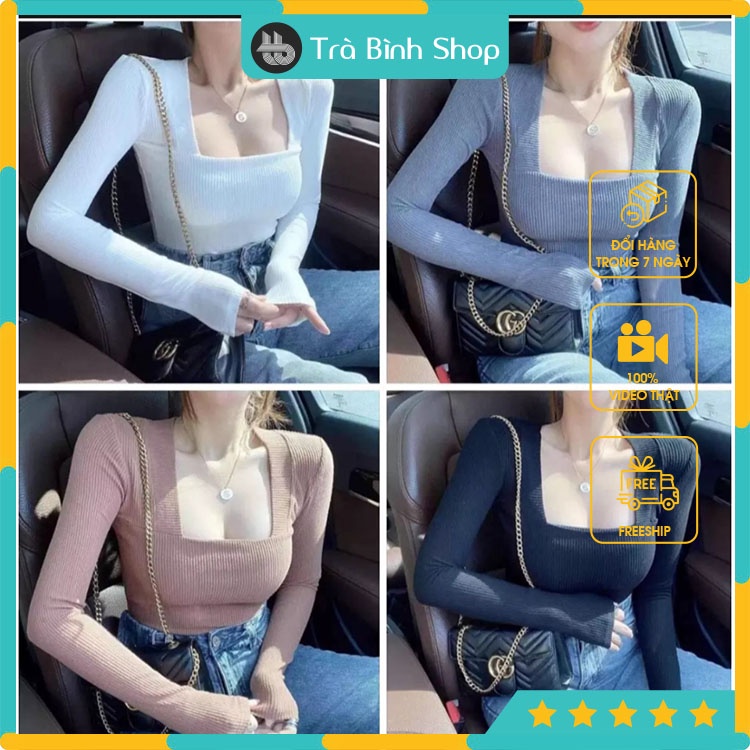 Áo len nữ chất len tăm cổ vuông dài tay hai màu đen trắng trẻ trung năng động