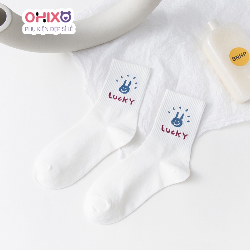 Tất cổ cao, vớ cổ cao nữ trắng họa tiết dễ thương vải co giãn thời trang Hàn Quốc PK14 OHIXO