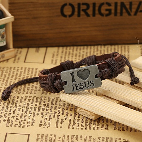 Vòng Tay Giả Da Mặt Khắc Chữ &quot;I LOVE JESUS&quot; Cho Nam Và Nữ