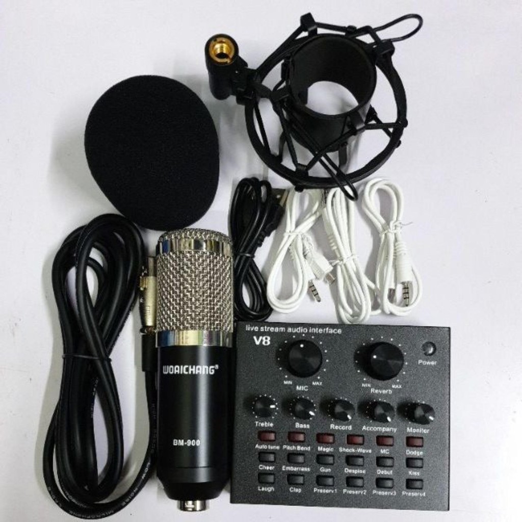 Combo micro thu âm BM900 Woaichang + Sound card V8 bluetooth, V8s