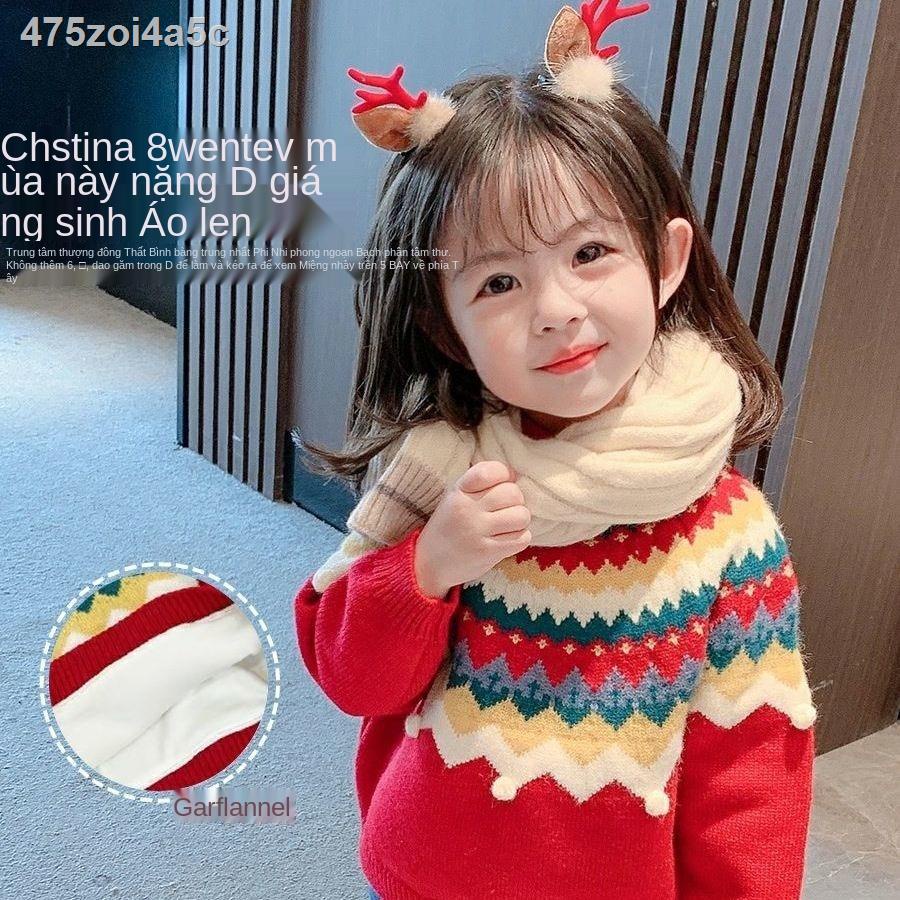 ☍Cô gái áo len giáng sinh 2020 quần áo mùa thu và mùa đông mới cộng với nhung cô gái độn áo blouse trẻ em trẻ