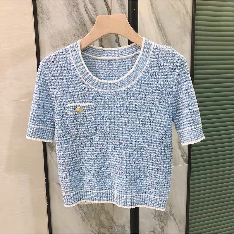 (Order )Áo dạ cổ tròn tay ngắn có túi đính nút đồng sang trọng