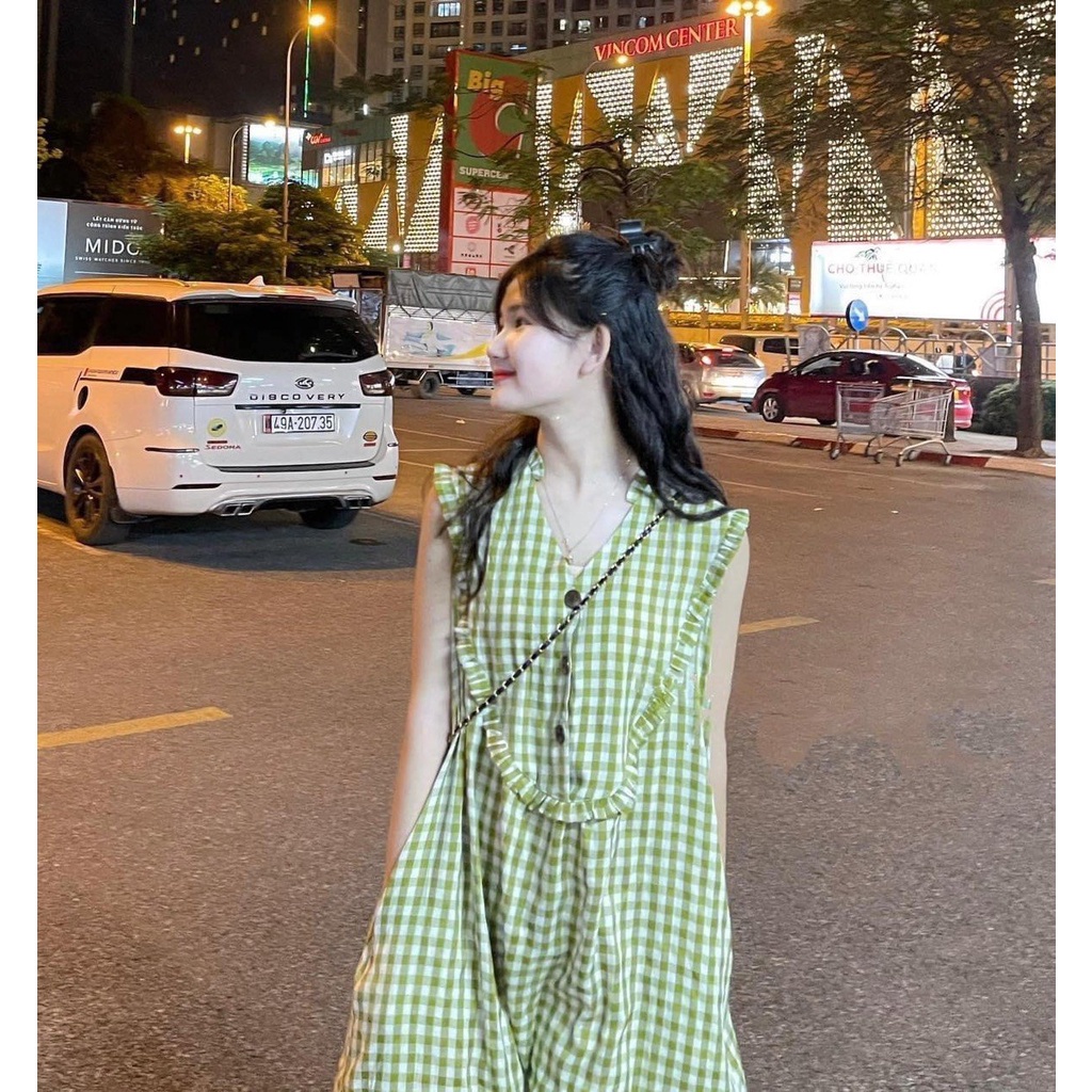 Váy cổ bèo ba lỗ kẻ ô,đầm dáng suông đủ màu mặc thoải mái -Minxy shop