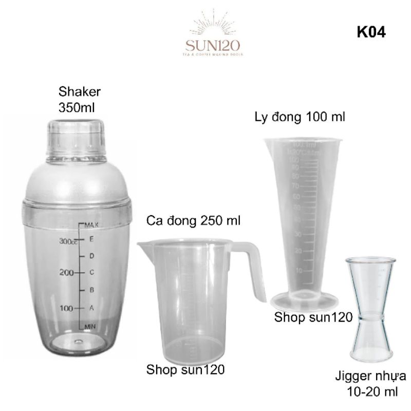 Bộ 4 dụng cụ pha chế định lượng nhựa gồm bình lắc shaker, ly đong, ca nhựa chia vạch, jigger (loại bé)