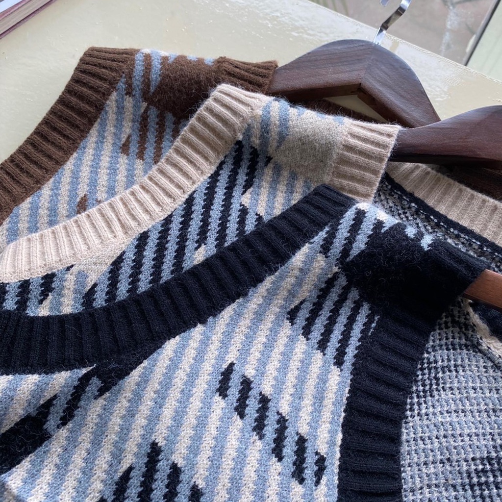 Áo gile nữ chất len dày dặn họa tiết kẻ 2 màu siêu xinh - 4BASICLen013 | BigBuy360 - bigbuy360.vn