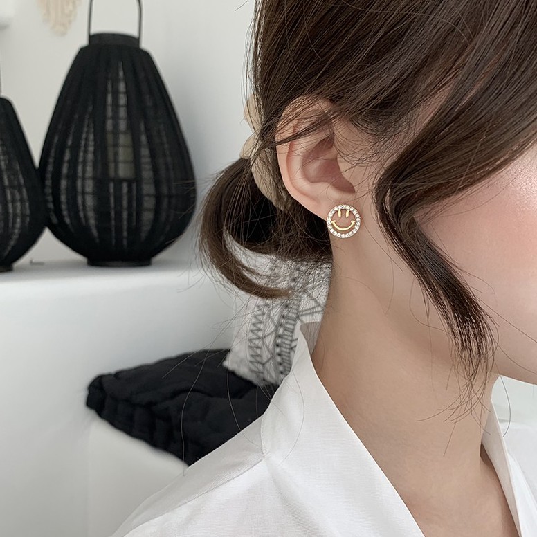 Bông Tai Kim Bạc S925 Bông Tai Hình Mặt Cười Đính Đá, Phụ Kiện Thời Trang Nữ Sang Trọng