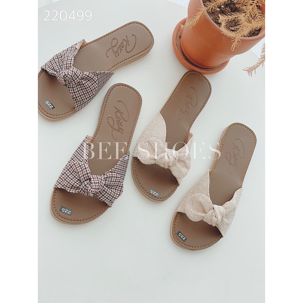 DÉP NỮ BEESHOES - DÉP NỮ QUAI HỌA TIẾT NƠ SẴN MÀU ĐEN - KEM 220499