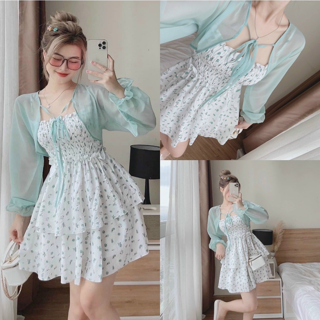 Đầm váy nữ hoa 2 dây xếp ly tầng có kèm áo ngoài lụa tay dài thời trang nữ dự tiệc dạo phố