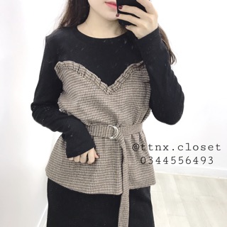 SALE OFF Váy dạ kẻ thắt eo TTNX