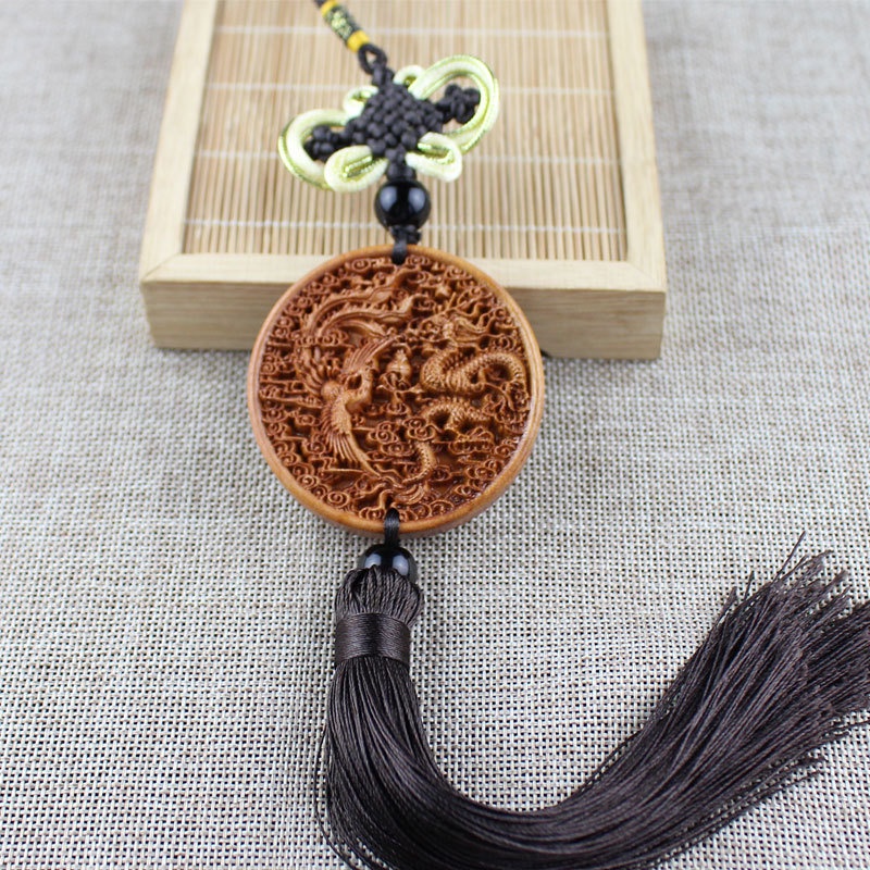 Mặt Dây Chuyền Gỗ Đào Chạm Khắc Hình Rồng Phượng Trang Trí Nội Thất Xe Hơi