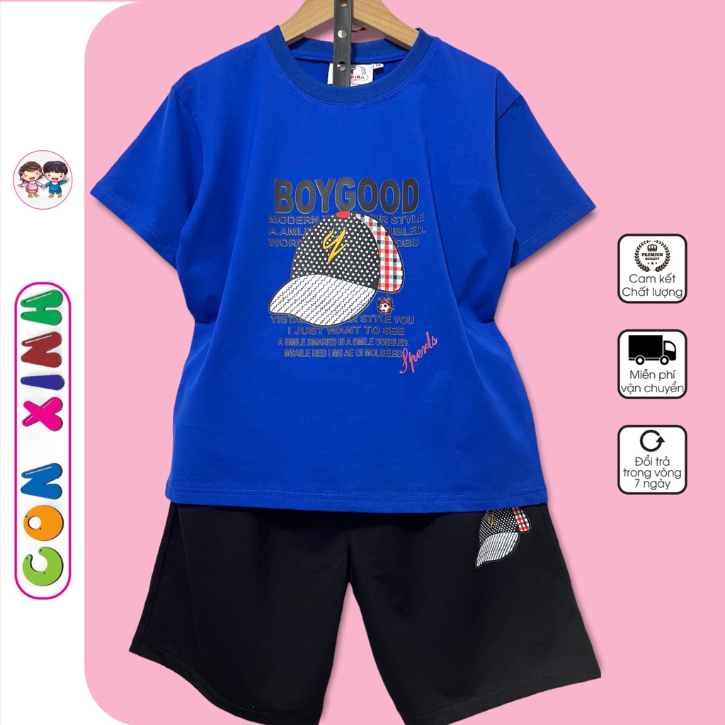 Bộ đồ bé trai Con Xinh cotton hình in chiếc mũ GOODBOY,thời trang dành cho bé từ 4 đến 10 tuổi
