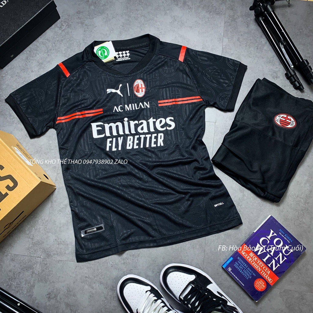 Set Bộ Thể Thao Quần Áo Đá Banh CLB Ac Milan Sân khách Màu đen - Vải Thái Chuẩn Áo Thi Đấu -Áo Bóng Đá