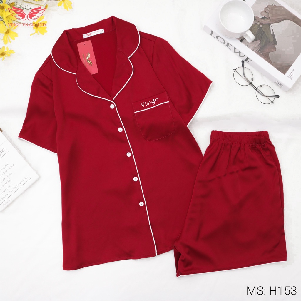 Bộ mặc nhà Pyjama nữ mùa hè VINGO Lụa Pháp trơn cao cấp tay cộc quần cộc phối viền trắng nhiều màu H153 VNGO - TCQC