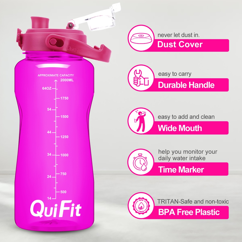 QuiFit 2L / 64OZ Chai Nước Tạo Động Lực & Điểm Đánh Dấu Thời Gian BPA Bình Nước Lớn Miễn Phí Chống Rò Rỉ Bền Cho Những Người Đam Mê Thể Dục Ngoài Trời