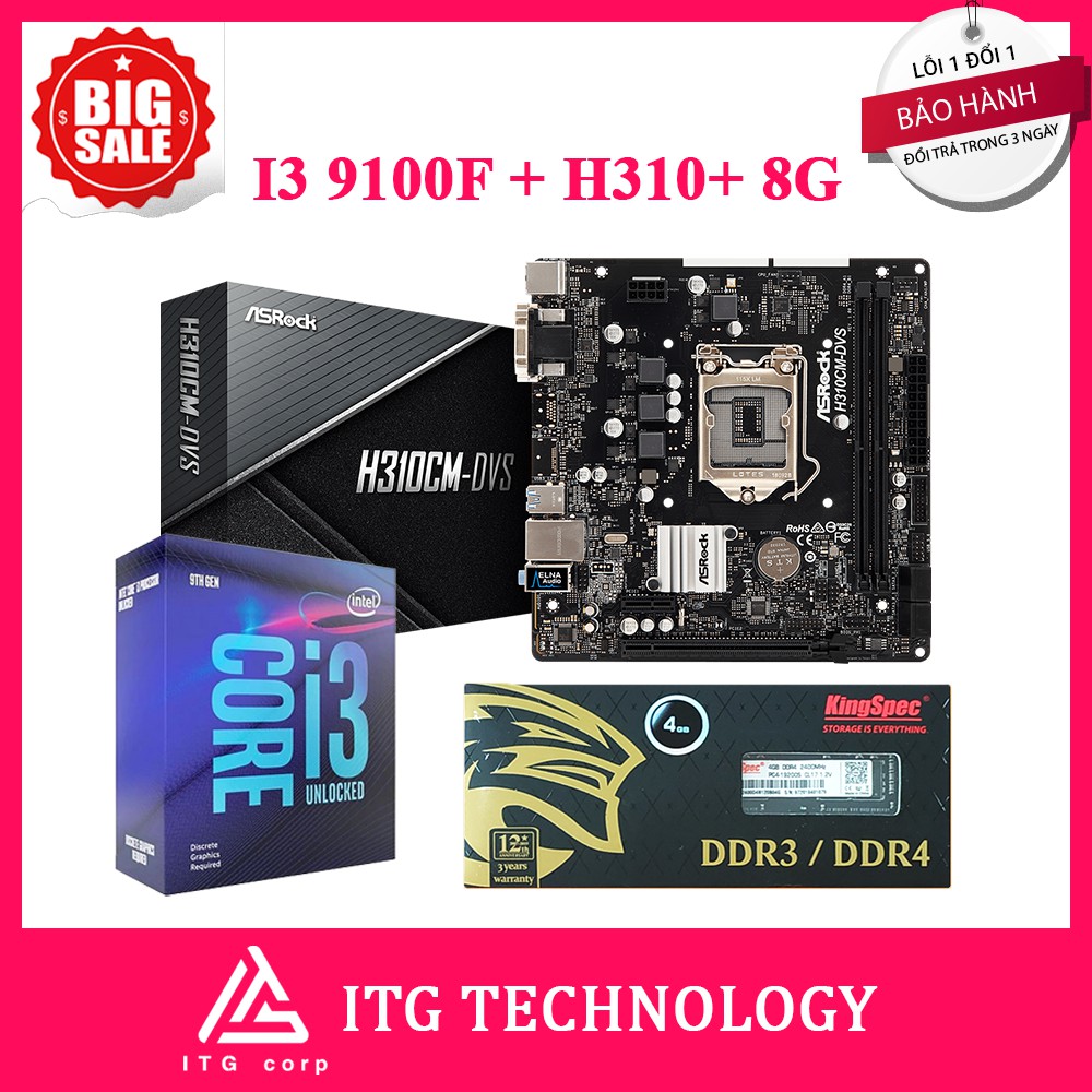 COMBO:CPU Intel I3 9100F + Main Asrock H310 DSV + Ram 8G Kingspec Buss 2666