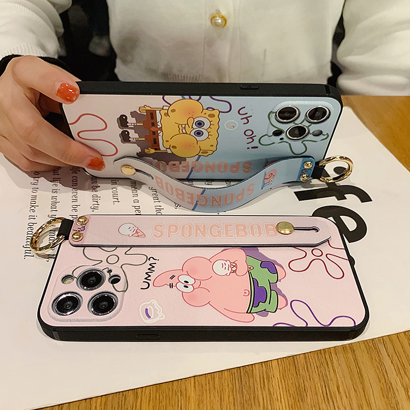 Samsung Galaxy S8 S9 S10 S20 Plus A32 A52 A72 A51 A50 A30S A60 A70 M10 M30 A80 A30 A40 A10S Note 8 9 10 Soft Cartoon SpongeBob Case WIth Wristband