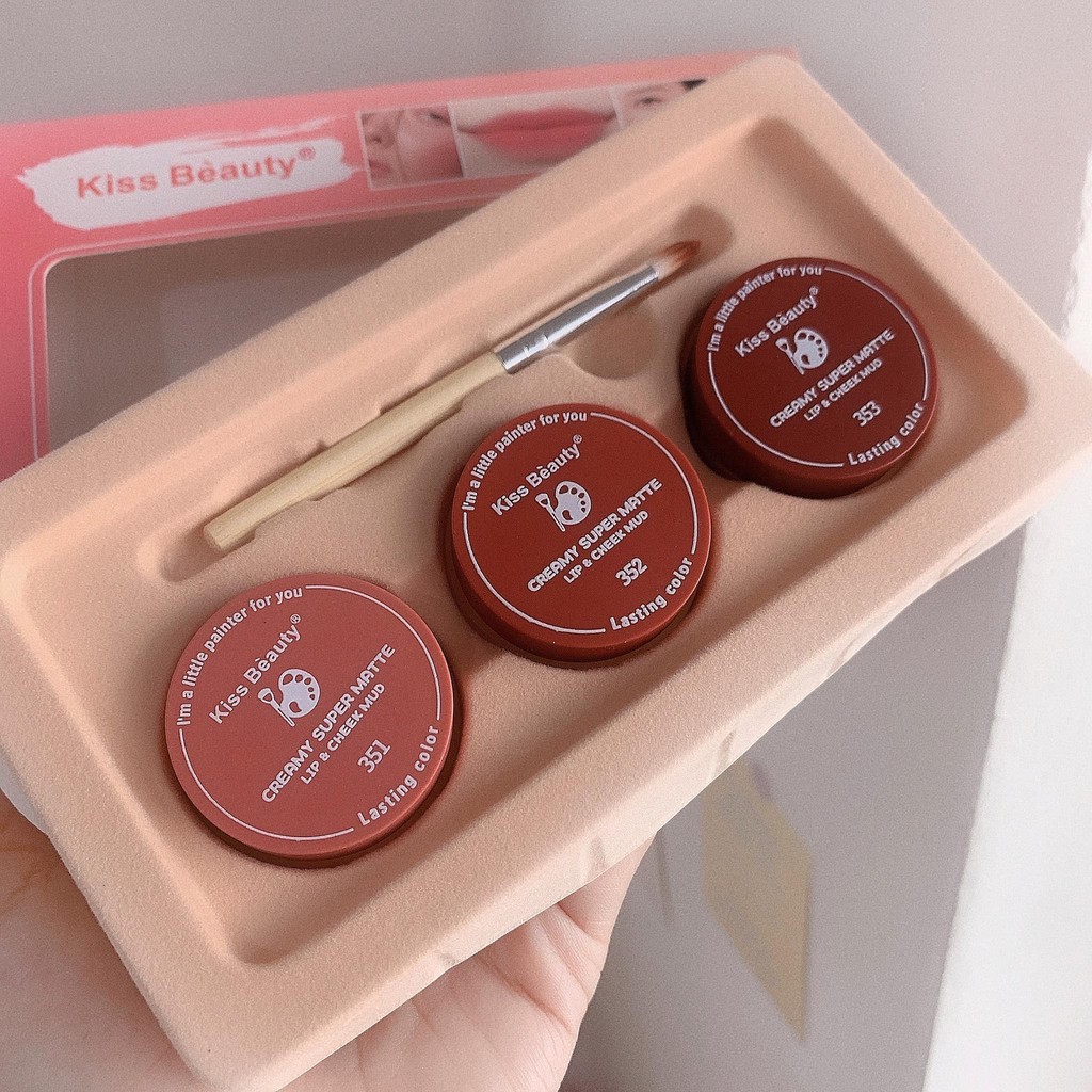 Set 3 son dạng hũ  Kiss Beauty Creamy Super Matte tặng kèm cọ môi Làm Son Vừa Làm Má Hồng