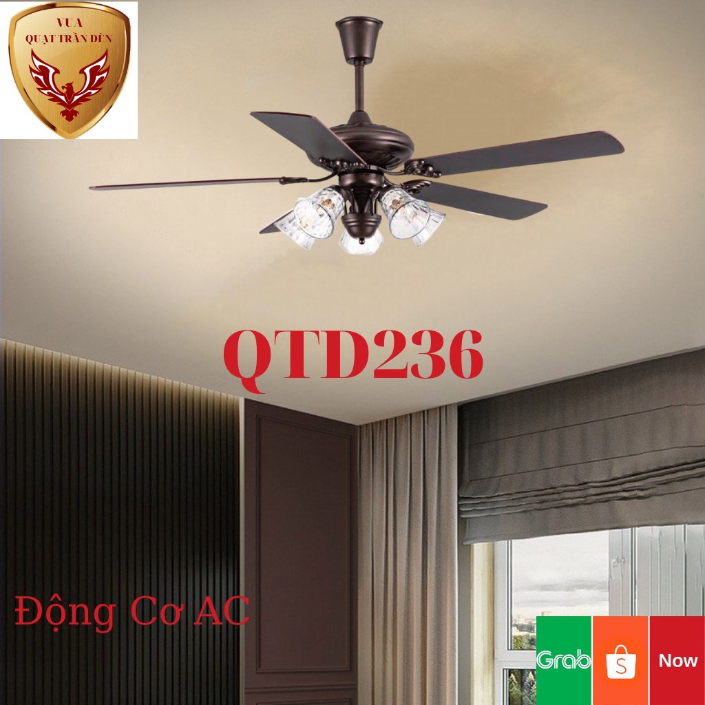 Quạt Trần Cánh Gỗ 5 Bóng  QTD236, Quạt Trân Có Đèn Trang Trí Phòng Khách, Động Cơ AC