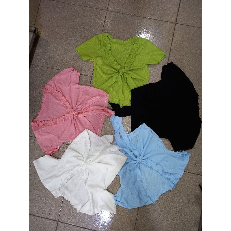 ÁO Croptop LEN GÂN CỘT NƠ CỔ