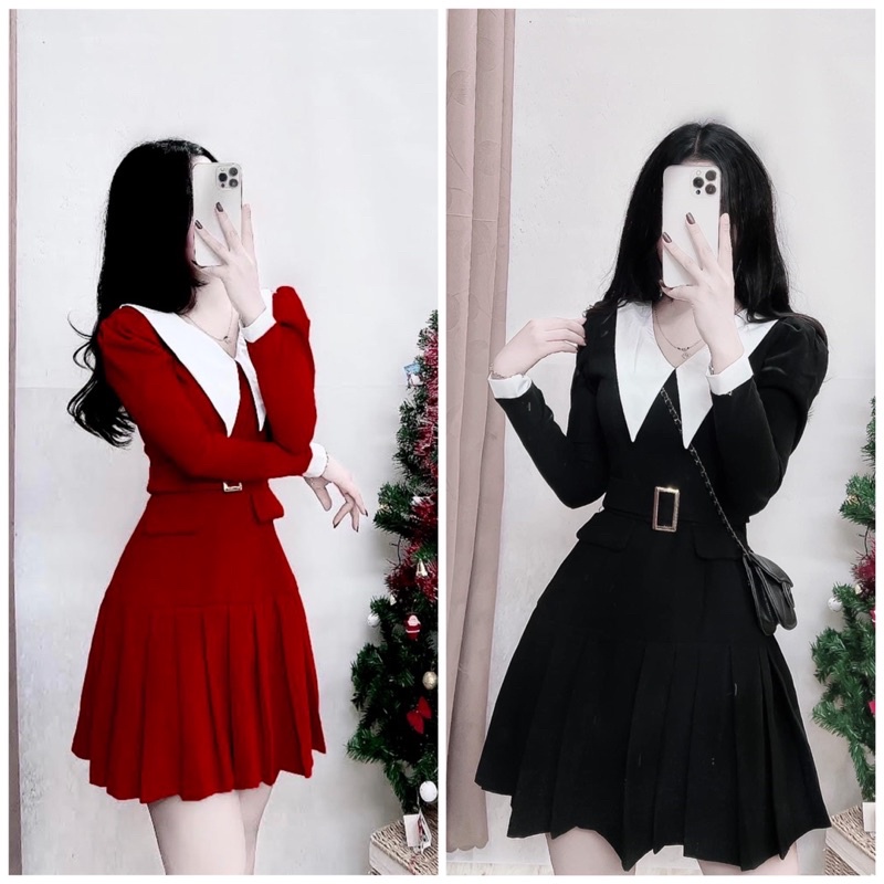 ĐẦM NHUNG CỔ TRẮNG NHỌN XẾP LY KÈM NỊT