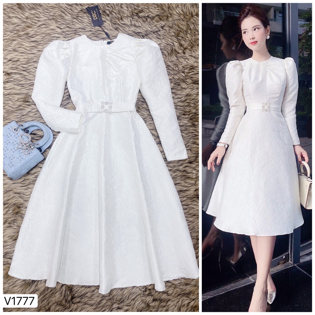 Váy trắng ngà xòe cao cấp thiết kế V1777 - Đẹp Shop DVC - Kèm ảnh thật trải sàn do shop tự chụp