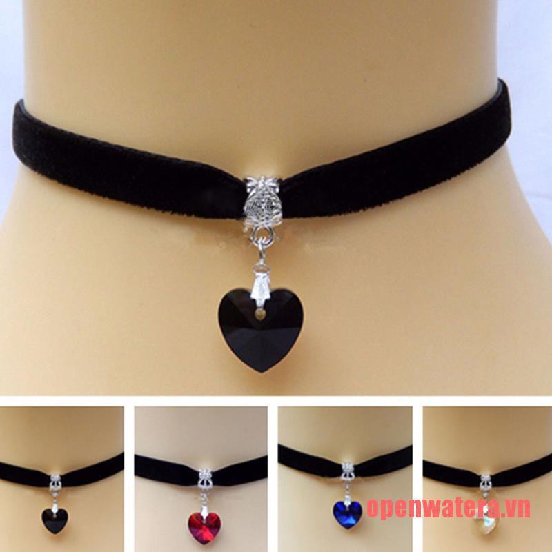 Vòng Cổ Choker Nhung Mặt Trái Tim Đính Đá Pha Lê Phong Cách Retro