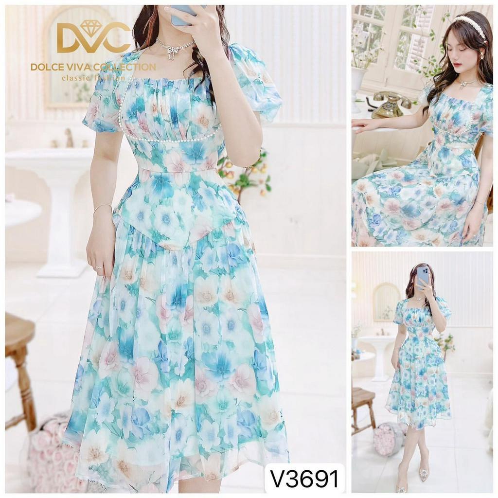 V3691 Váy voan hoa xanh tiểu thư nữ tính  váy hoa nhí xoè cổ vuông đính ngọc