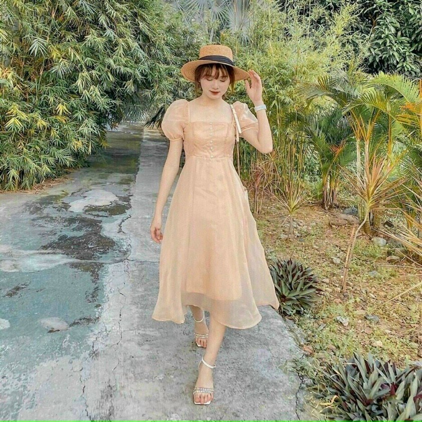 Đầm tiểu thư voan tơ cổ vuông tay phồng dáng xoè dài, váy đầm nữ đính nút công chúa dư tiệc sang trọng