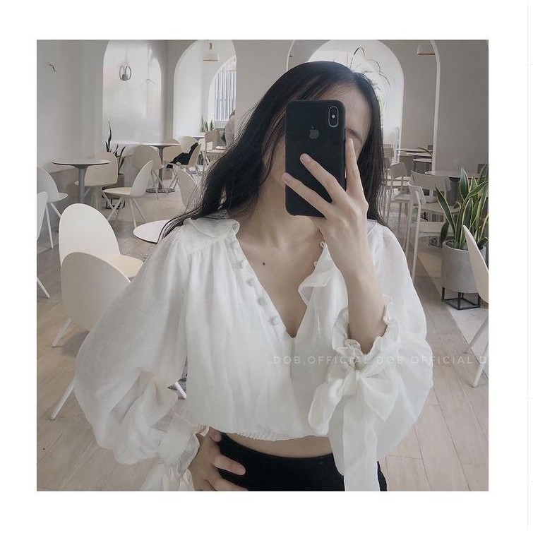 Áo crop top trắng dài tay freesize