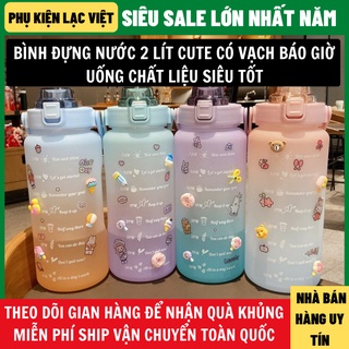 Bình nước 2 lít có vạch báo giờ uống cute cho nữ chất liệu tốt sẵn 4 màu bảo hành 12 tháng