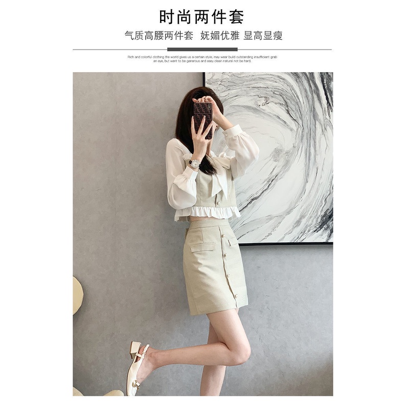 Set áo kiểu tay dài + chân váy phối nút thiết kế thời trang phong cách thanh lịch cho nữ có bán lẻ