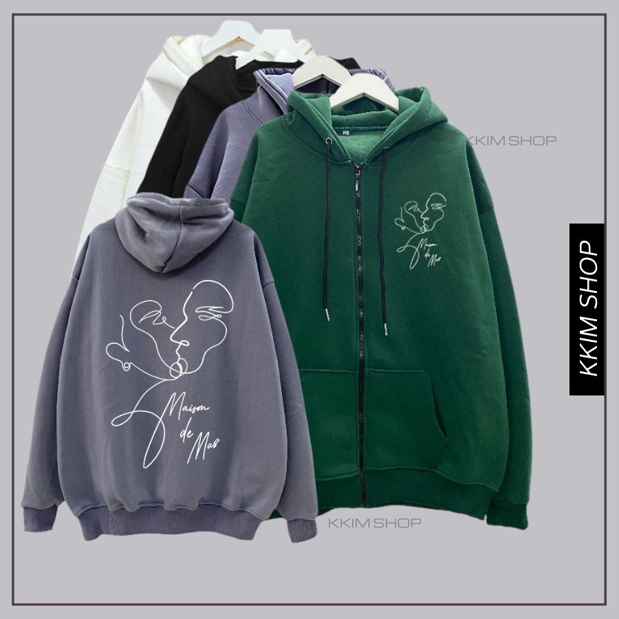 Áo Nỉ HOODIE ZIP Line Art 2 Faces màu XANH LÁ, Áo khoác hoodie dây kéo unisex nam nữ form rộng oversize nỉ bông cao cấp