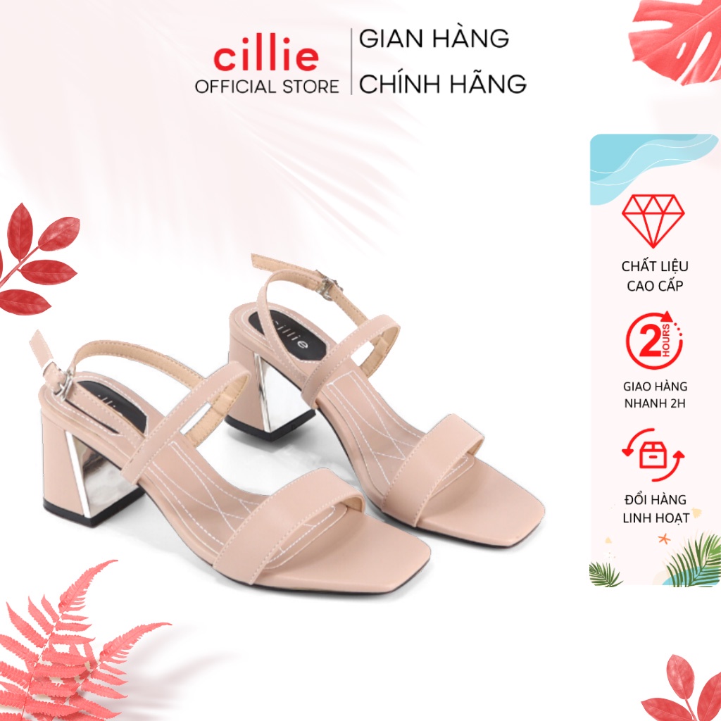 Giày sandal cao gót nữ mũi vuông thời trang phối gót xéo tráng gương độc lạ cao 5cm Cillie