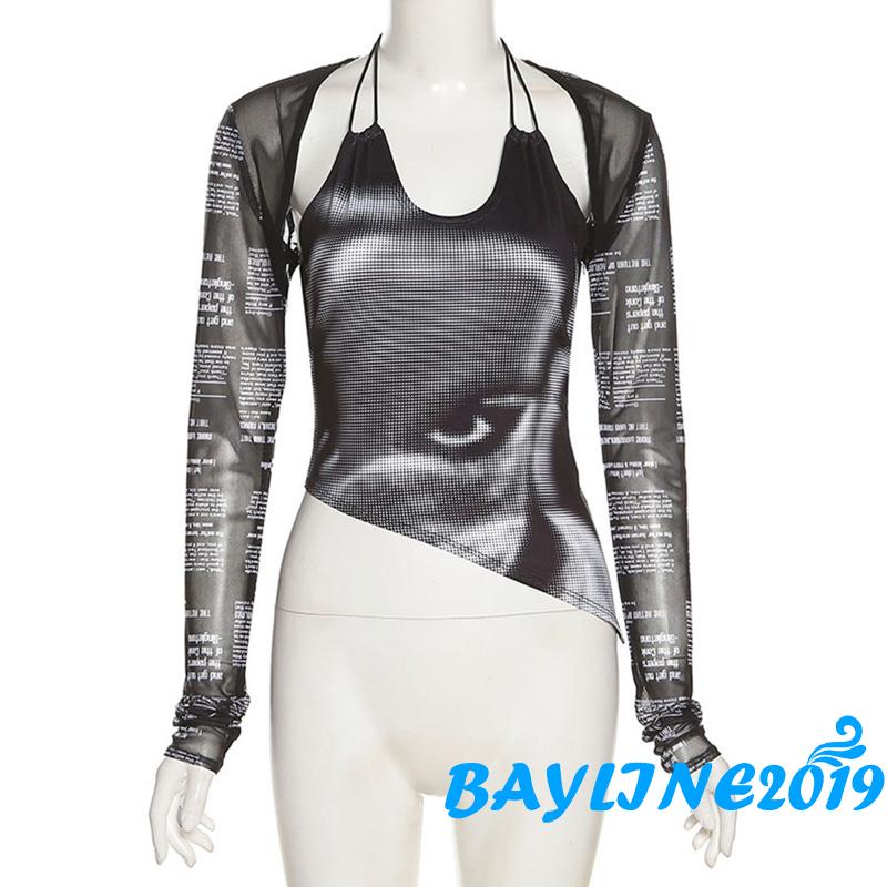 Set Đồ 2 Món Áo Croptop Tay Dài Họa Tiết In Chữ Phối Lưới In Chữ Cá Tính Cho Nữ
