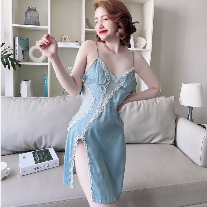 Váy Ngủ Nữ Latin Chạy Ren Thân Kèm Quần SOJUN Vải Latin Dưới 60Kg