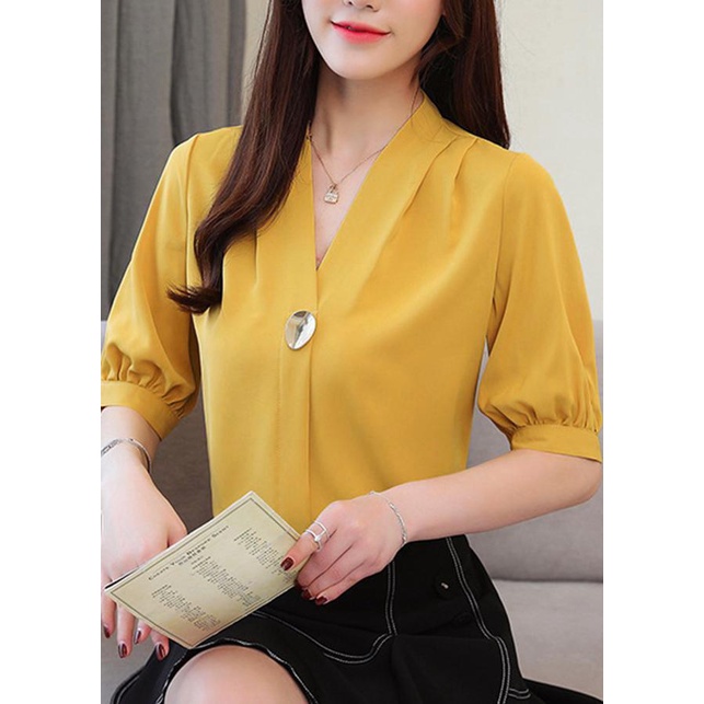 SHOPPRO - ÁO TRẮNG CÔNG SỞ NỮ TAY DÀI - ÁO LỤA NỮ CỔ CHỮ V PHỐI PHỤ KIỆN OVAN 3099 3084 3119
