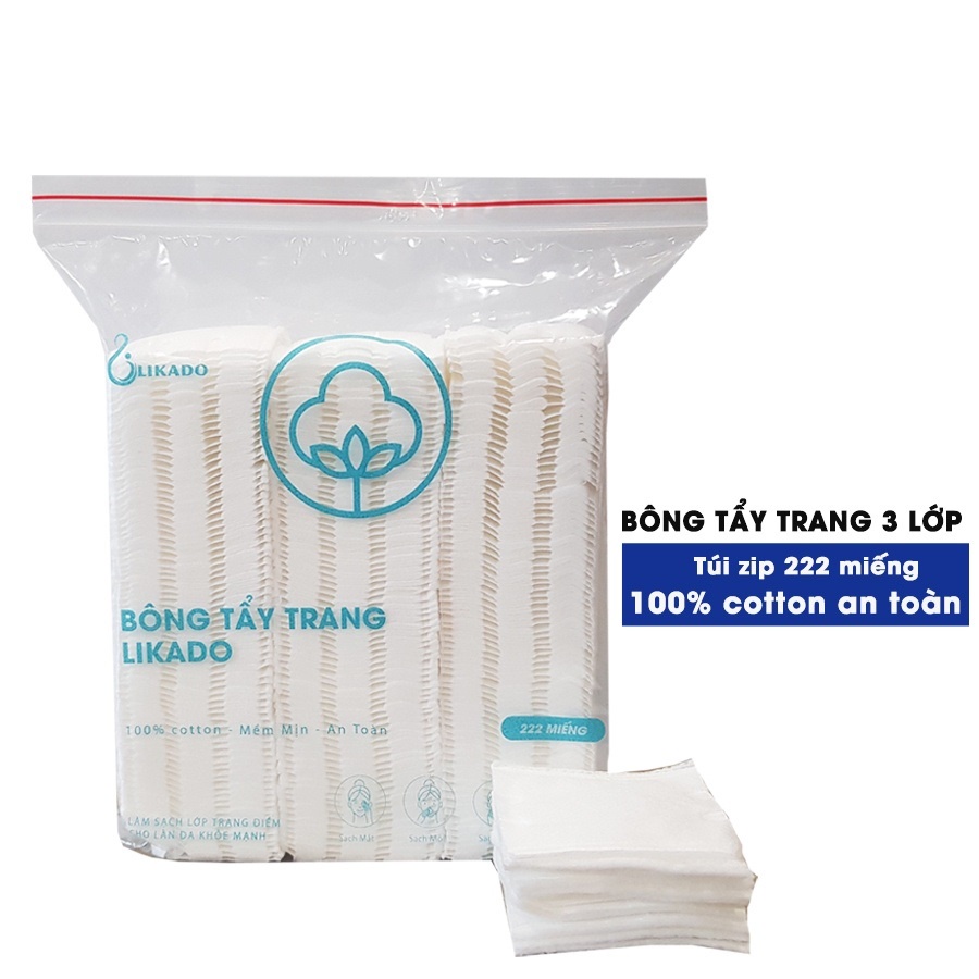 Bông tẩy trang 222 miếng Likado chất liệu Cotton túi 222 miếng 3 lớp dùng để tẩy trang sau khi trang điểm