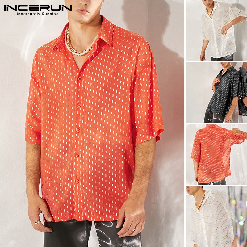 Áo sơ mi INCERUN tay ngắn xuyên thấu thoáng khí thời trang mùa hè cho nam
