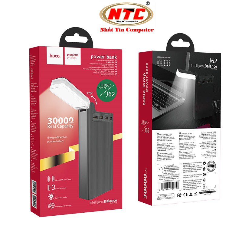 Pin sạc dự phòng Hoco J62 Jove 30000mAh 2 cổng input, 3 cổng output, tích hợp đèn pin siêu sáng - Hàng chính hãng