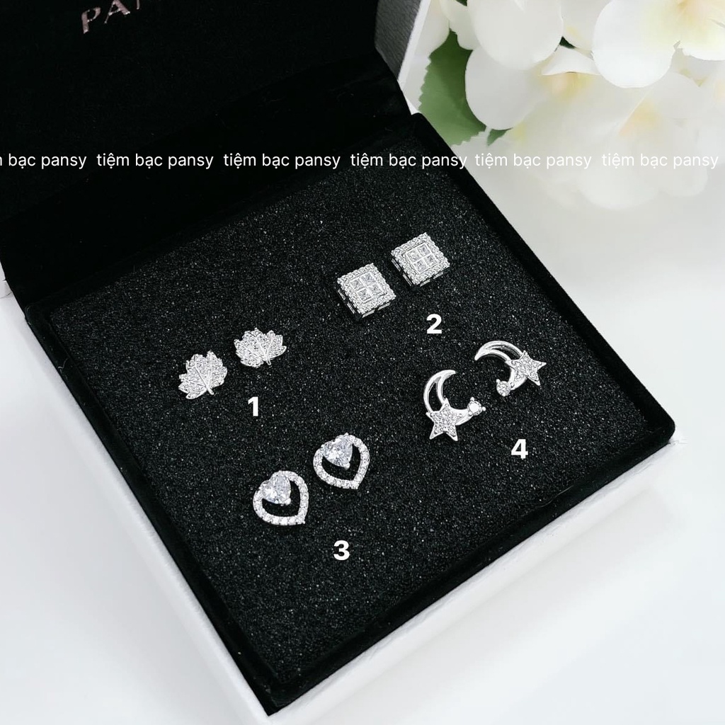 Set 4 đôi khuyên tai bạc nữ PANSY thời trang - Bộ 4 kiểu bông tai cá tính bằng bạc ta thật
