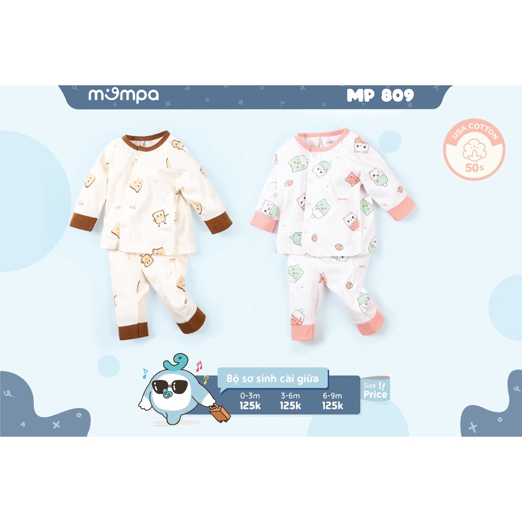 Bộ quần áo trẻ em dài tay Mompa kiểu cài giữa cho cả bé trai và gái MP809 - Chất liệu Cotton USA - Độ tuổi 0-9M