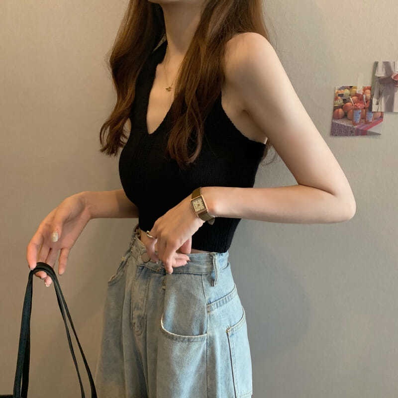 Áo dệt kim hai dây cổ chữ V lưng cao thời trang mùa hè cho nữ