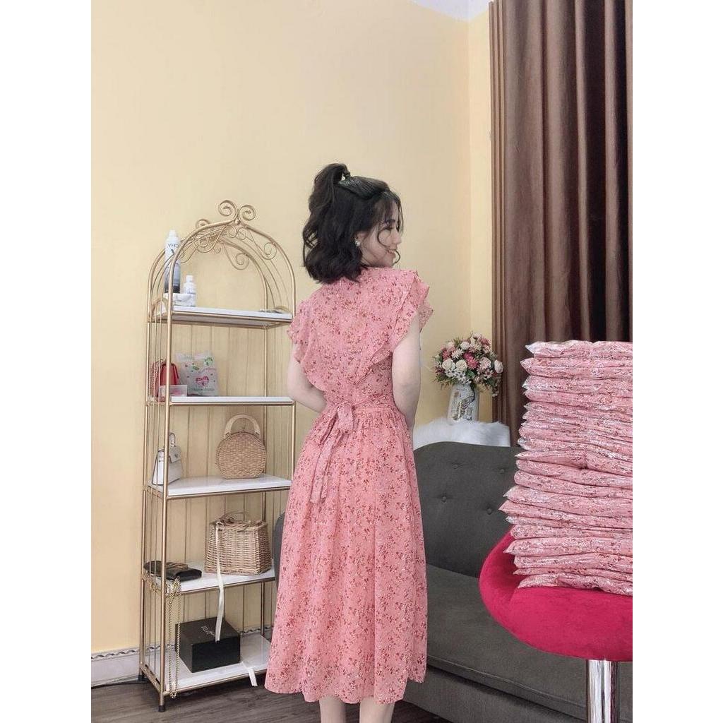 Váy hoa hồng cánh tiên dáng dài xòe đai eo